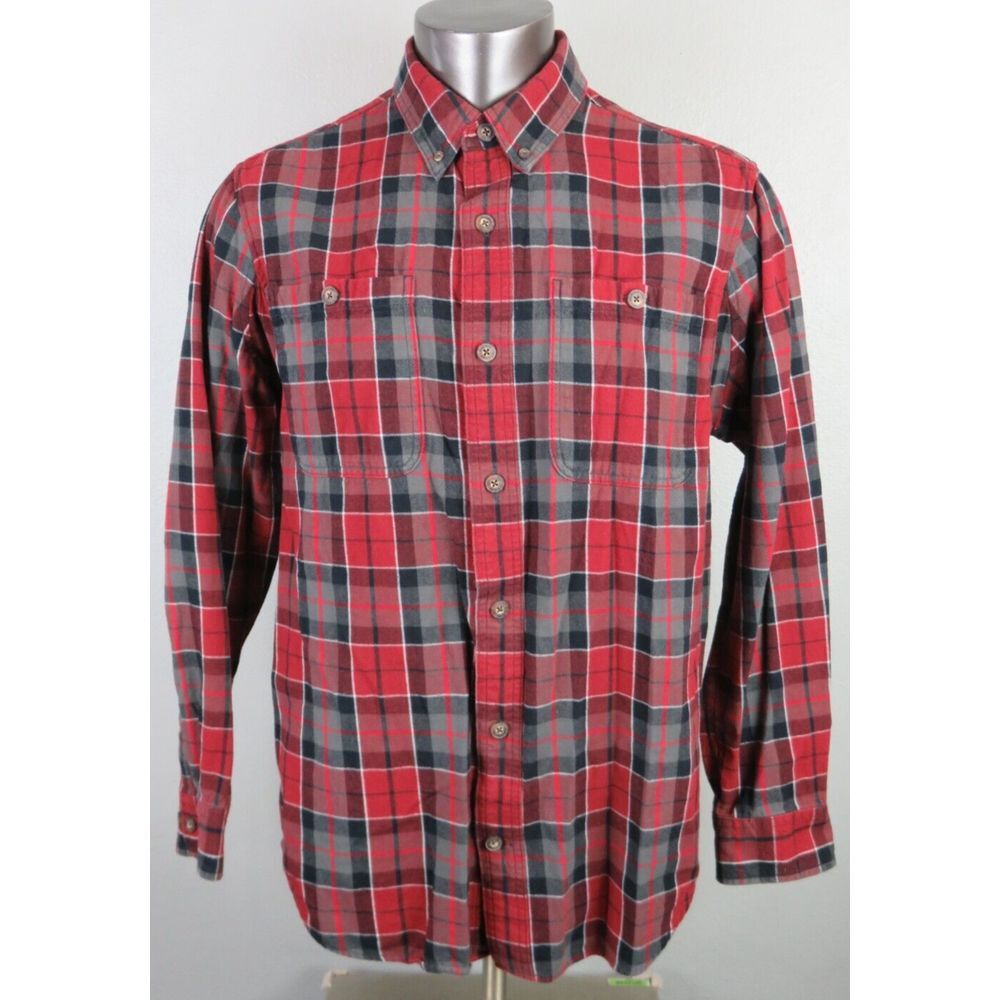 Mens Duluth Trading Co Plaid Flannel Shirt Size L Trim Red Black Button Front